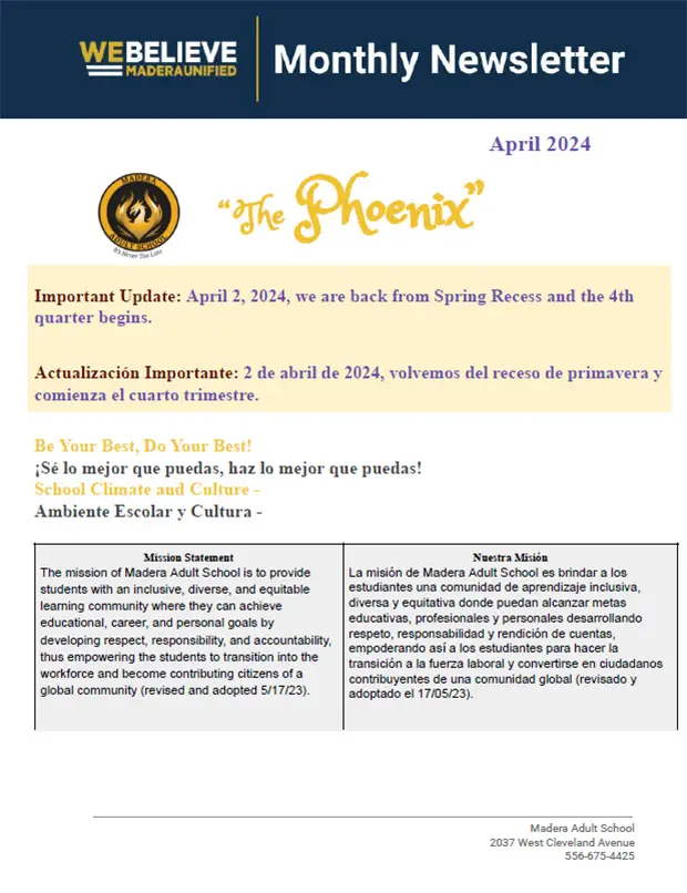 April 2024 Madera Adult School monthly newsletter
